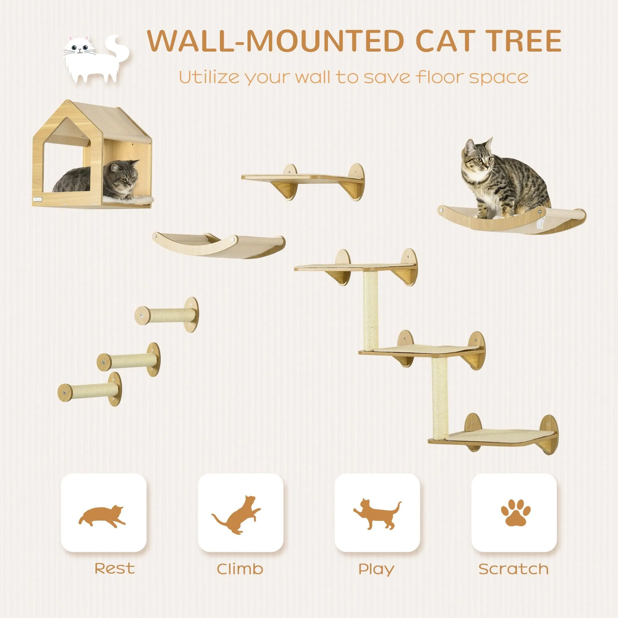 8-piece Cat Wall Shelves Set, Condo, Scratching Posts, for Indoor Cats