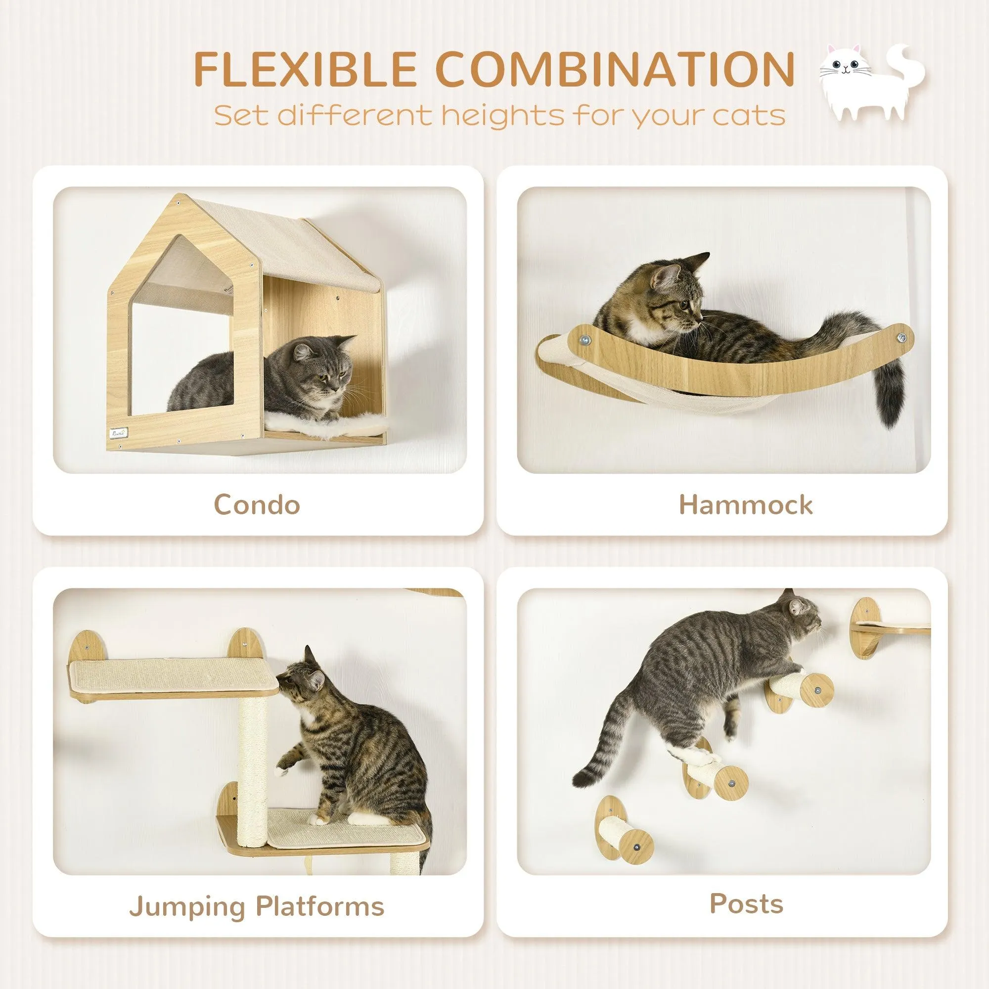 8-piece Cat Wall Shelves Set, Condo, Scratching Posts, for Indoor Cats