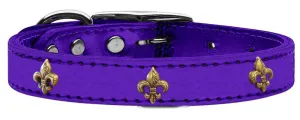 Bronze Fleur De Lis Widget Genuine Metallic Leather Dog Collar Purple 26