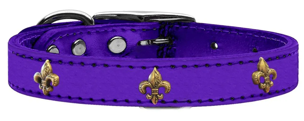 Bronze Fleur De Lis Widget Genuine Metallic Leather Dog Collar Purple 26