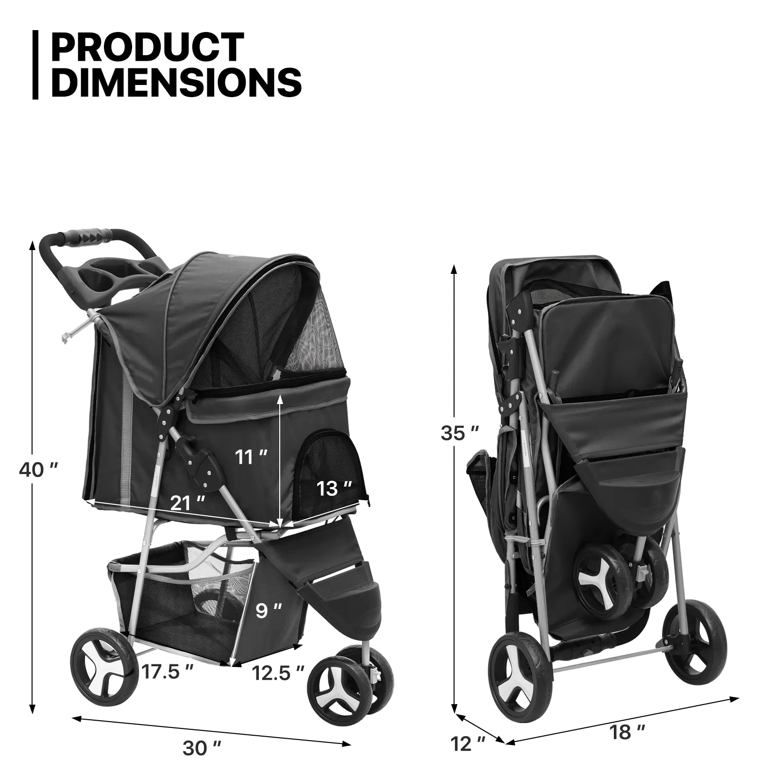 Pet Stroller - Adjustable Sunshade Storage Basket