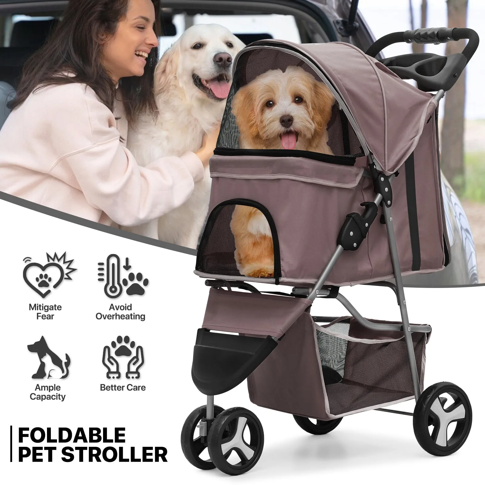 Pet Stroller - Adjustable Sunshade Storage Basket