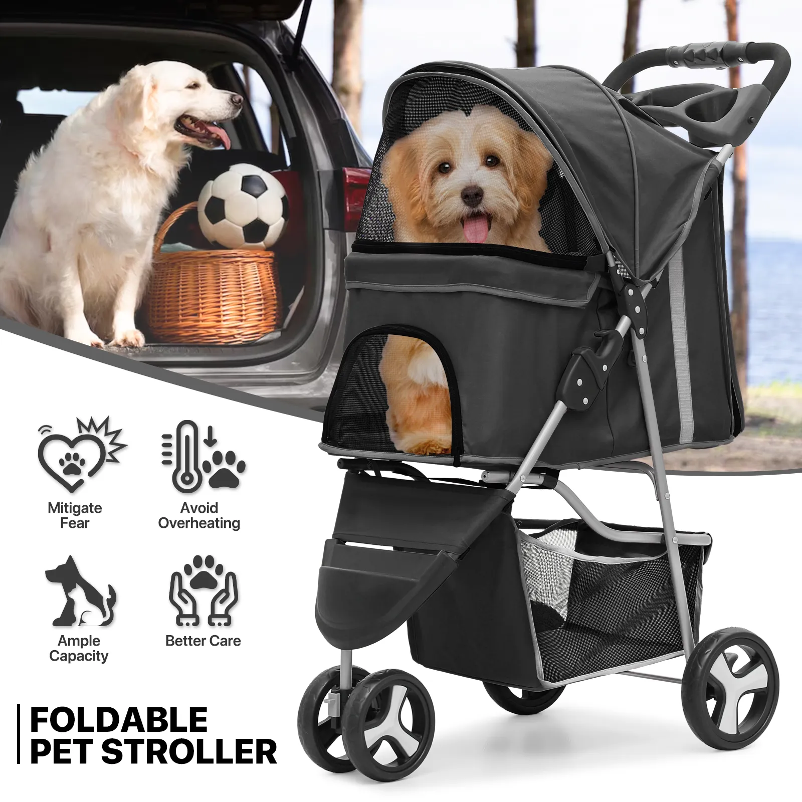 Pet Stroller - Adjustable Sunshade Storage Basket