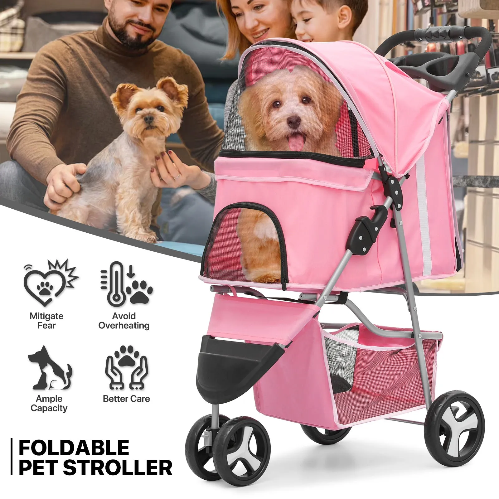 Pet Stroller - Adjustable Sunshade Storage Basket