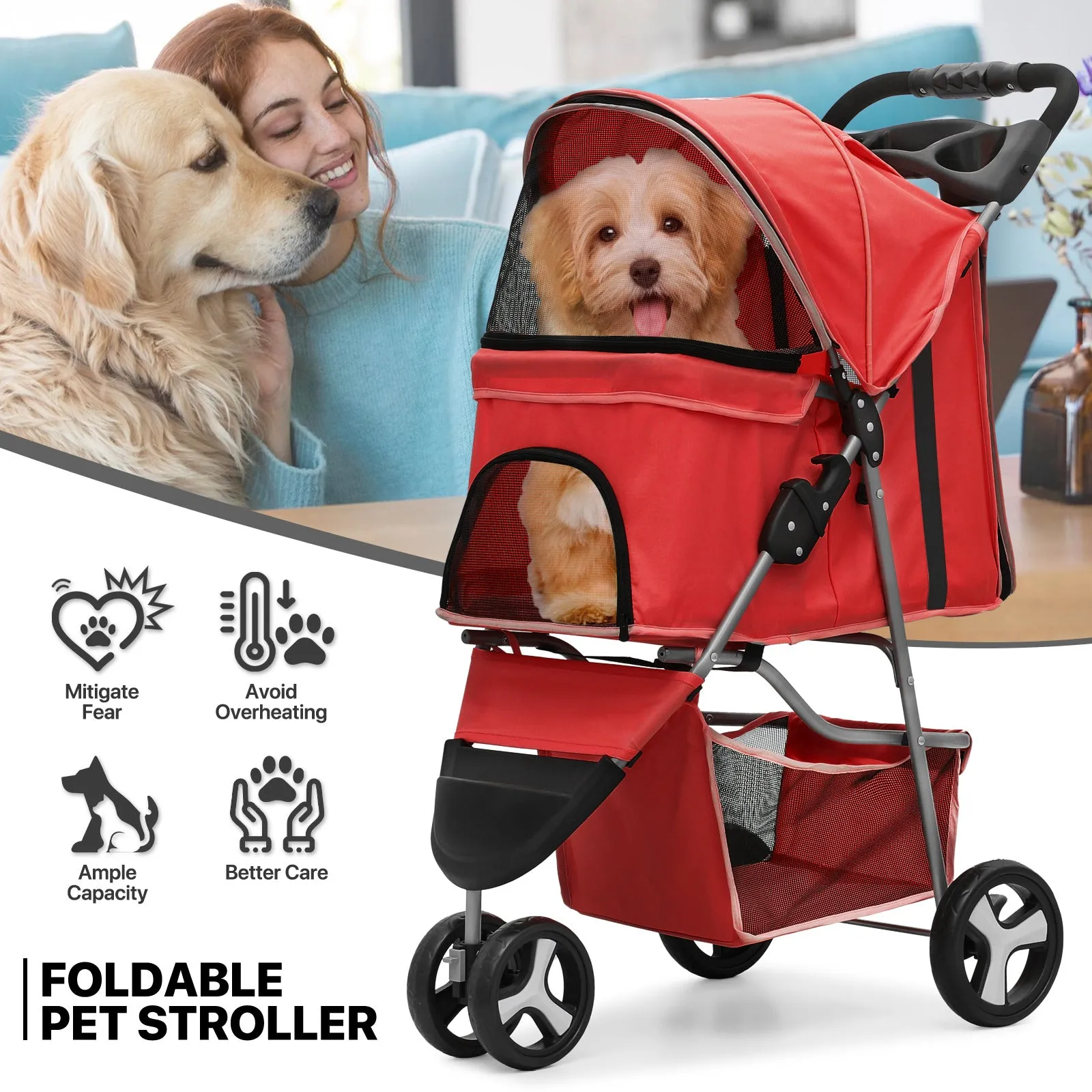 Pet Stroller - Adjustable Sunshade Storage Basket