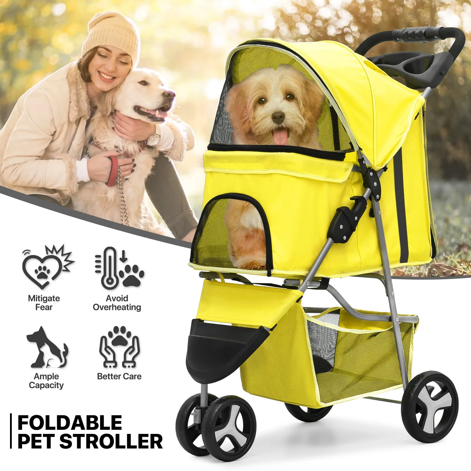 Pet Stroller - Adjustable Sunshade Storage Basket