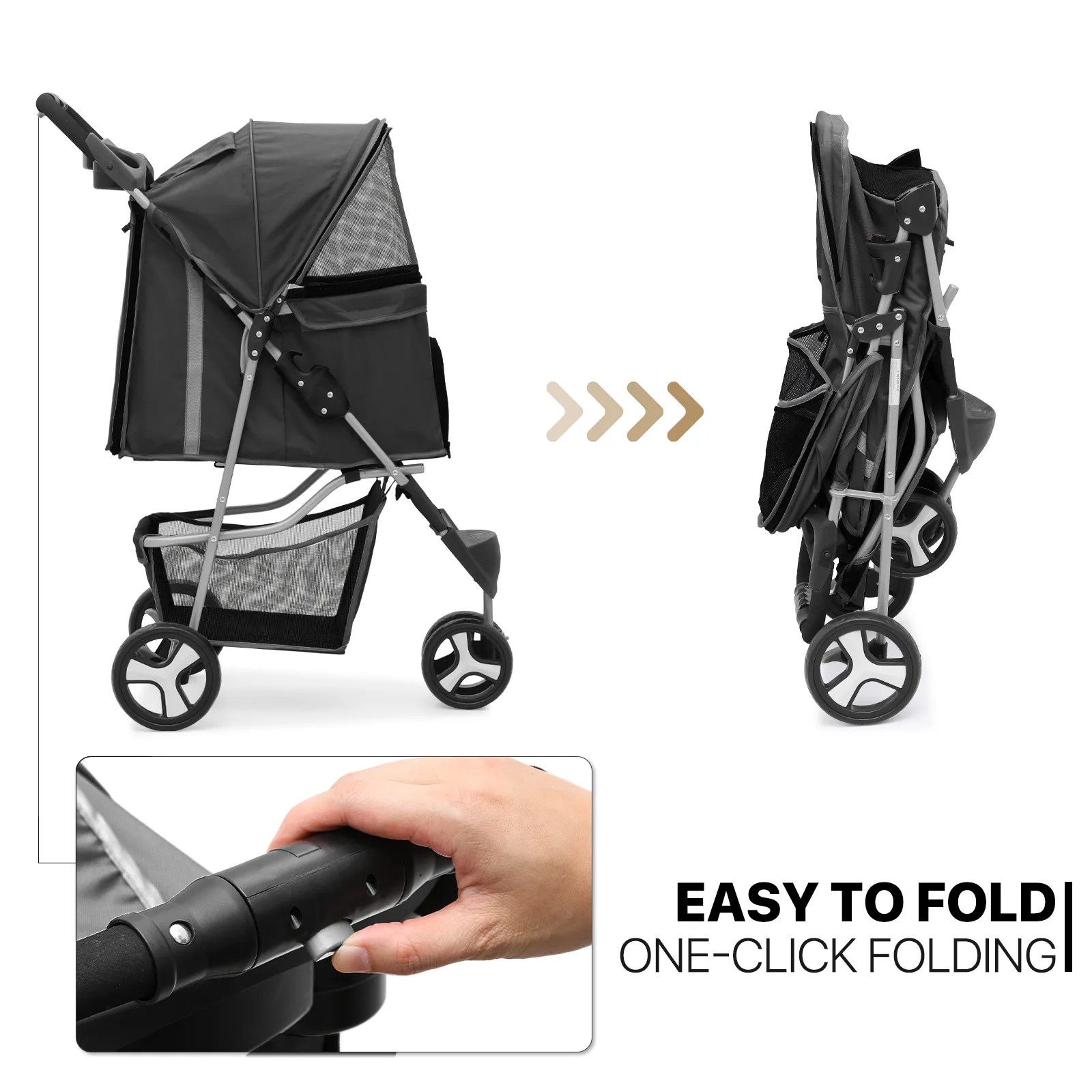 Pet Stroller - Adjustable Sunshade Storage Basket