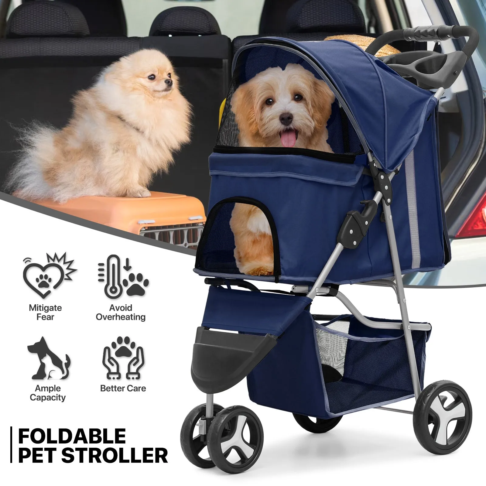 Pet Stroller - Adjustable Sunshade Storage Basket