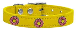 Pink Daisy Widget Genuine Leather Dog Collar Yellow 12