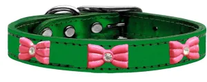 Pink Glitter Bow Widget Genuine Metallic Leather Dog Collar Emerald Green 14