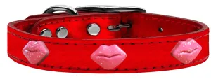 Pink Glitter Lips Widget Genuine Metallic Leather Dog Collar Red 26