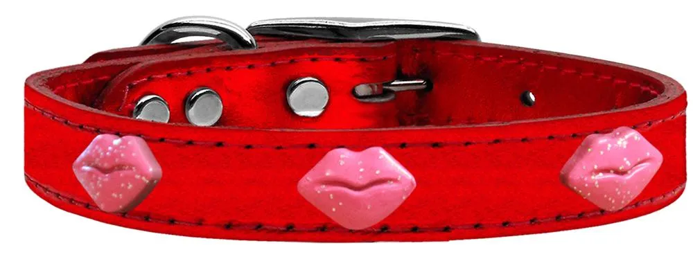 Pink Glitter Lips Widget Genuine Metallic Leather Dog Collar Red 26