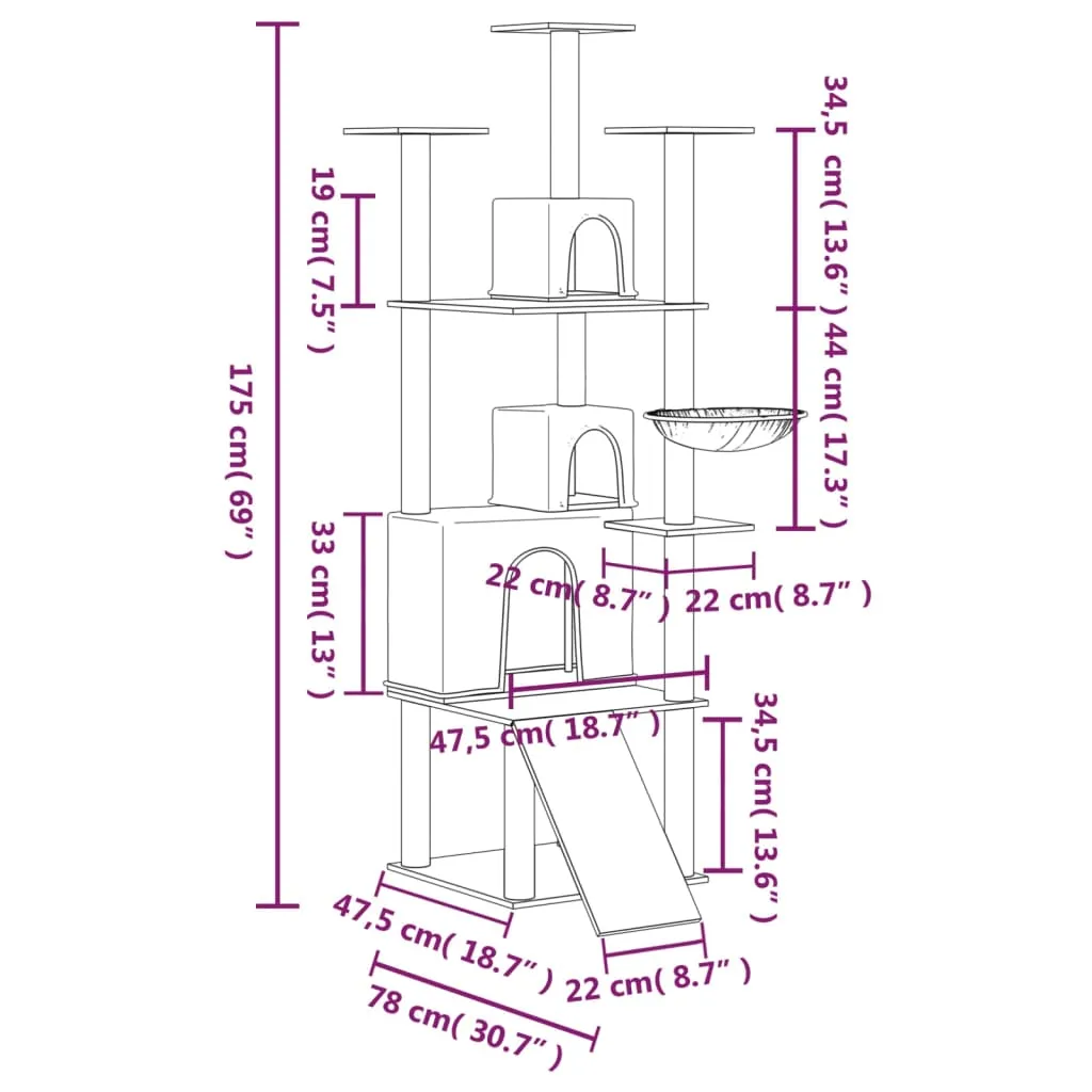 vidaXL Cat Tree with Sisal Scratching Posts Dark Grey 175 cm