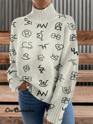 Western Cattle Brands Print Knit Turtleneck Pullover Sweater