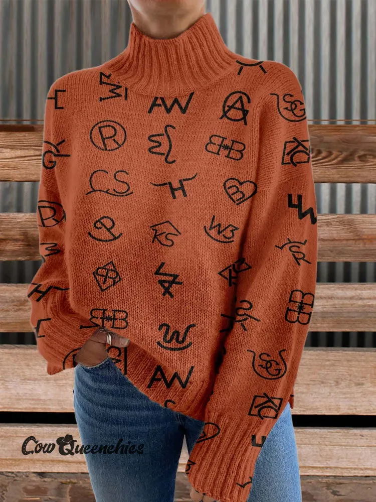 Western Cattle Brands Print Knit Turtleneck Pullover Sweater
