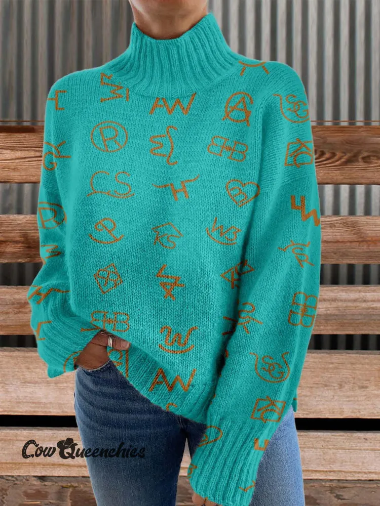 Western Cattle Brands Print Knit Turtleneck Pullover Sweater